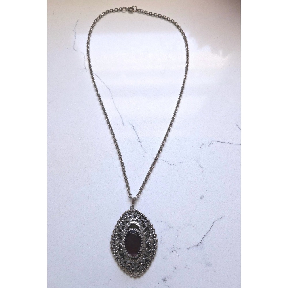 Vintage Silver Tone Filigree Oval Faux Amethyst Purple Stone Pendant Necklace